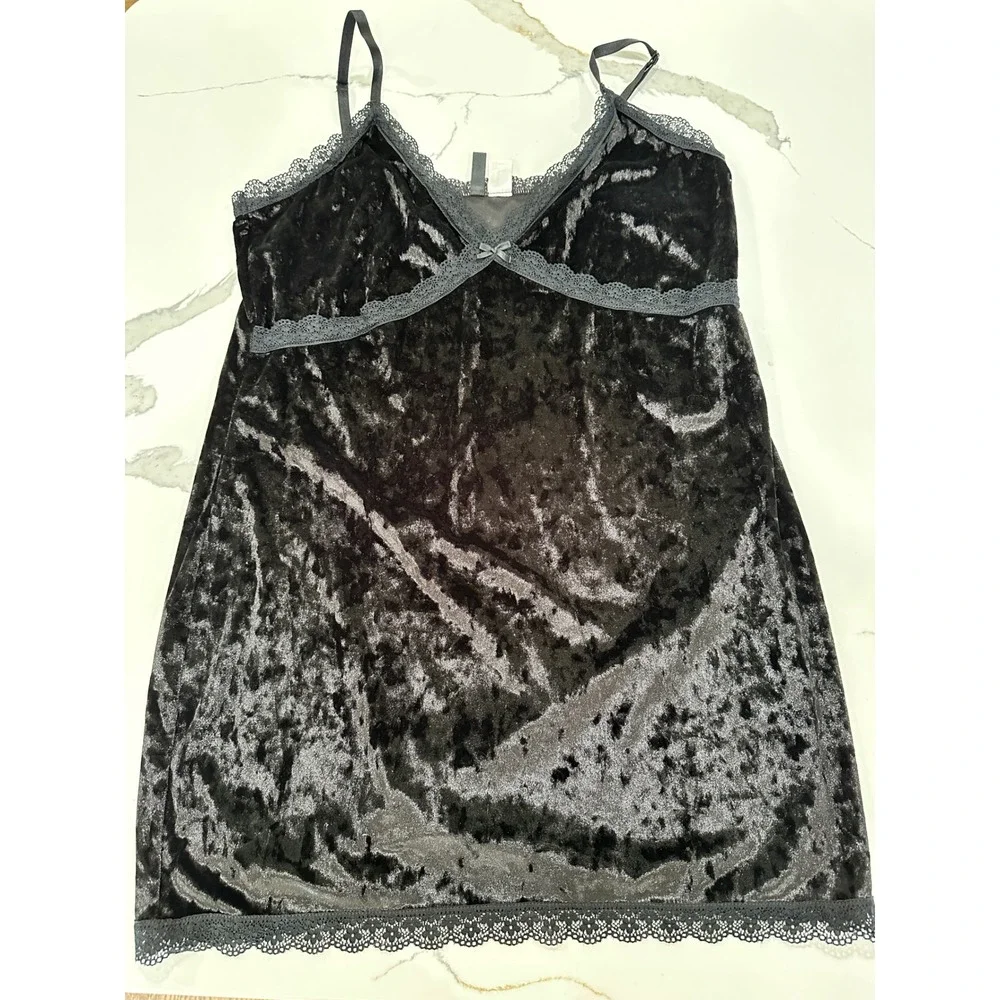 Black Crushed‎ Velvet Lace Trim Chemise Nightgown XL Sleeveless Dress
